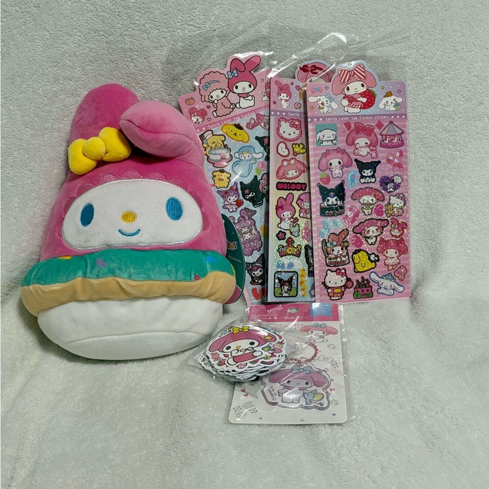 Sanrio Squishmallow My Melody with Stickers & Keychain Backpack Charm